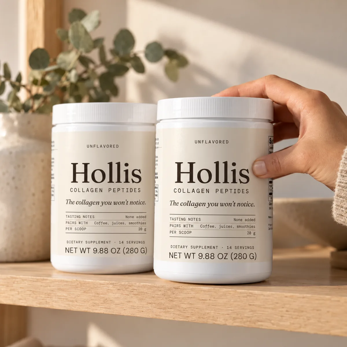 Two containers of Hollis side by side